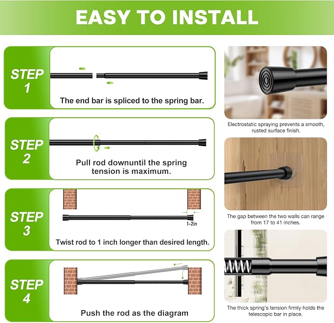 2 Pack Spring Tension Curtain Rod 17-41 Inch Black Tension Rod Extendable - Image 9