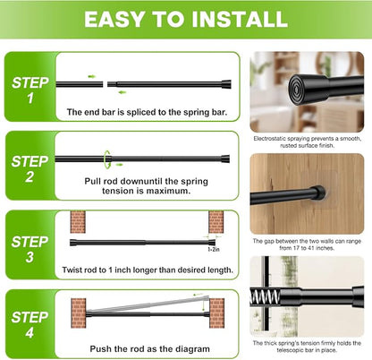 2 Pack Spring Tension Curtain Rod 17-41 Inch Black Tension Rod Extendable - Image 9