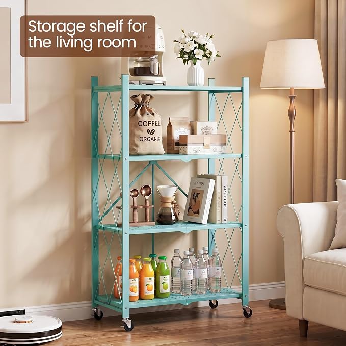 ALANNG 4 Tier Folding Storage Shelf on Wheels, Heavy Duty Metal Rolling Cart | - Image 5