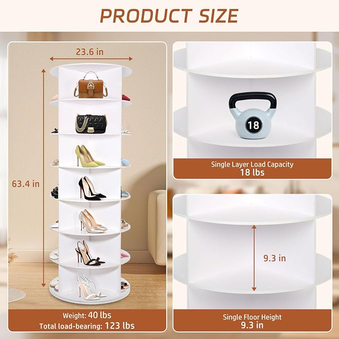 7 Tier Rotating Shoe Rack Tower, Revolving 360 Shoe Rack Storage Round Carousel - Image 2