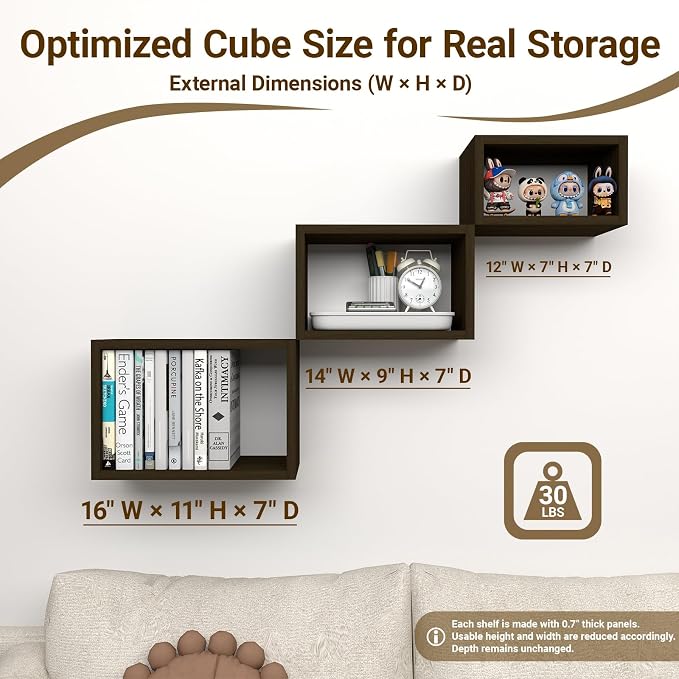 Premium Black Walnut Floating Cube Shelves, Eco-Friendly Wood Box-Style Wall - Image 2