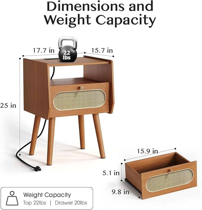 Night Stand Set 2, Mid Century Modern Nightstands, Rattan Bedside Table - Image 2