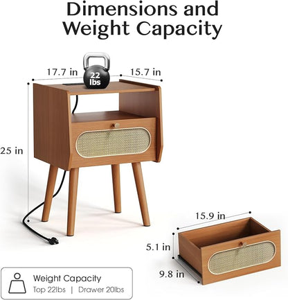 Night Stand Set 2, Mid Century Modern Nightstands, Rattan Bedside Table - Image 2