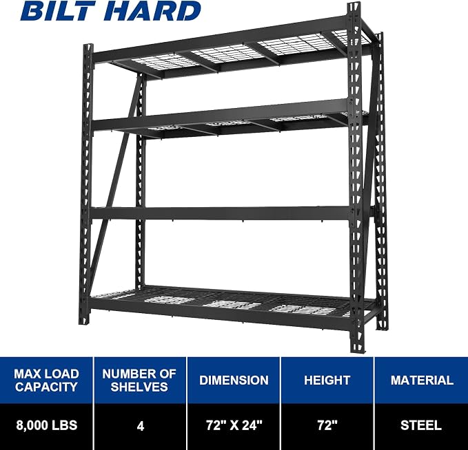 BILT HARD 72" W x 24" D Heavy Duty Garage Shelving, 5-Tier Industrial Metal - Image 3