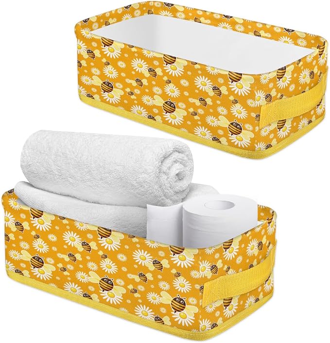 Bee Daisy Cartoon Bathroom Storage Basket, Foldable - Image 3