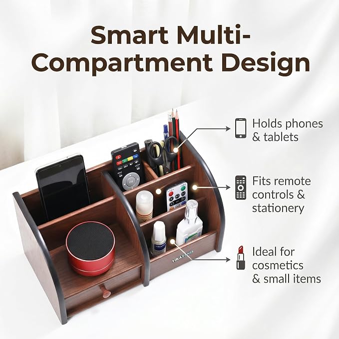 Wooden Desk Organizer with Drawer, Remote Control, Makeup & Accessories - Image 3