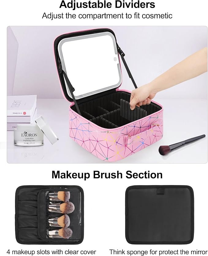 Relavel Travel Makeup Bag with LED Mirror, Portable Cosmetic Train Case with 3 - Image 6