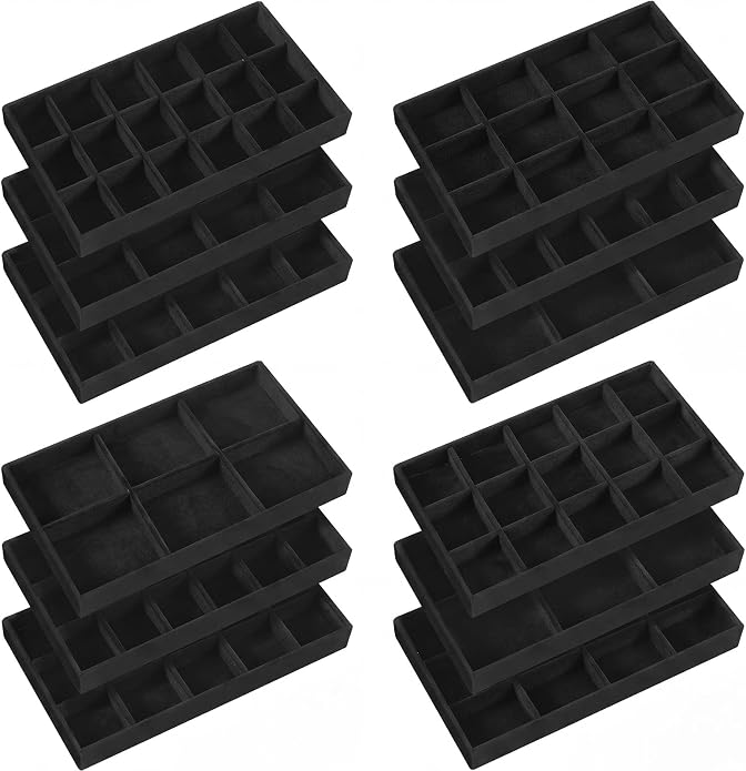 Junkin 12 Pcs Jewelry Tray Velvet Stackable Jewelry Organizer Trays Divided by Junkin