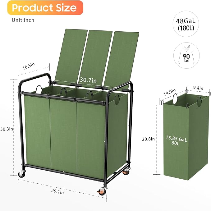 180L Laundry Sorter 3 Section, Rolling Laundry Basket - Image 2