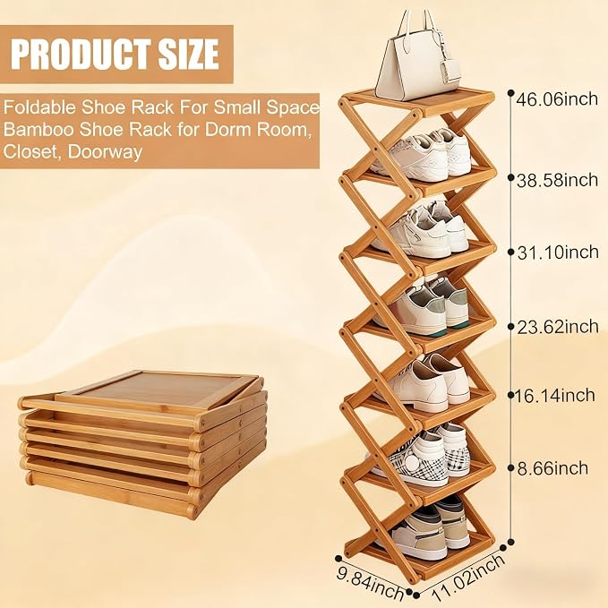 YYW Flat Bamboo Shoe Rack for Entryway, Installation-Free and Folding Vertical - Image 3