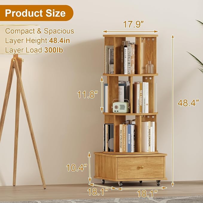 Rotating Bookshelf with Drawers on Lockable Wheels Wood Oak | 4 Tier Spinning - Image 2
