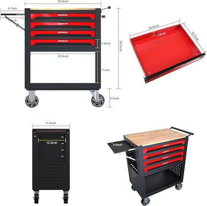 36" Tool Box with Wheels 4 Drawers Rolling Tool Cart, Wooden Top Workbench - Image 3