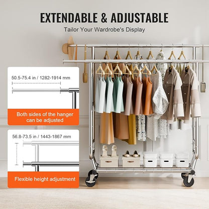 VEVOR Clothes Rack, Rolling Clothing Garment Rack, Extendable Carbon Steel - Image 3
