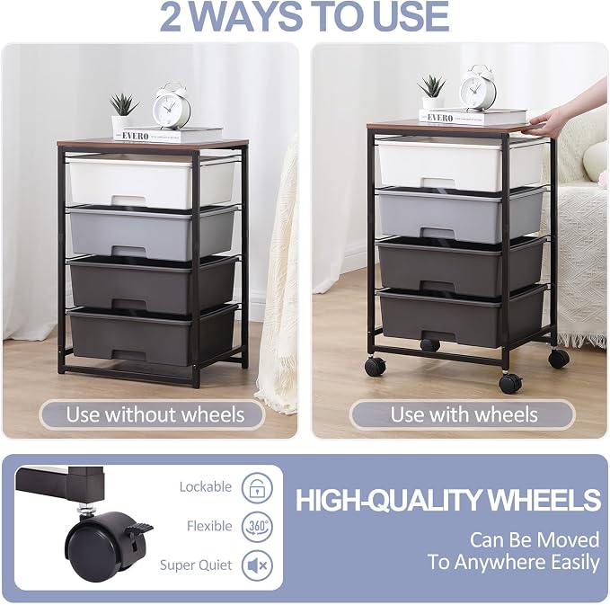 Utility Cart with 4 Drawers, Rolling Storage Cart with Drawers, Light Grey - Image 6