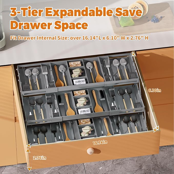 3 Tier Drawer Organizer Versatile Expandable Junk Drawer Organizer Grey | - Image 2