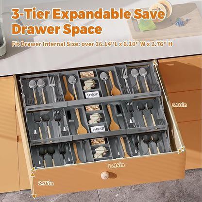 3 Tier Drawer Organizer Versatile Expandable Junk Drawer Organizer Grey | - Image 2