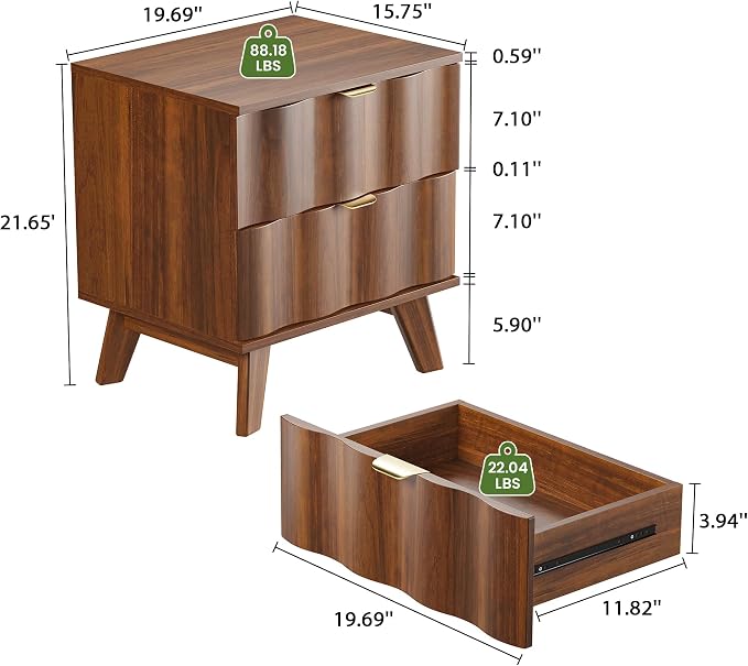 Nightstand, Bedside Table with 2 Drawers and Metal Handles, Sofa Side End Table - Image 2