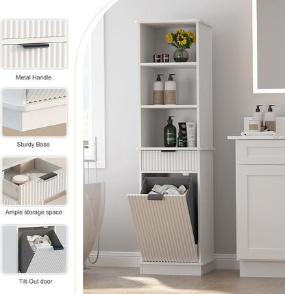 White Tilt Out Laundry Hamper Tall Bathroom Storage Cabinet Hidden Laundry - Image 3