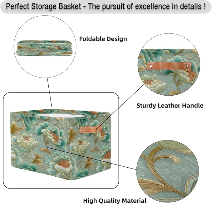 Pardick Teal Flower Floral Basket Storage Bins Large Fabric Toys Storage Cube - Image 6