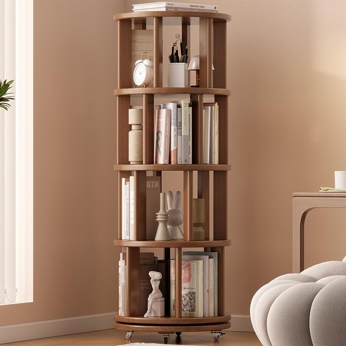 Solid Wood Rotating Bookshelf on Wheels, 4 Tier, Round Revolving Bookcase by Muwuele