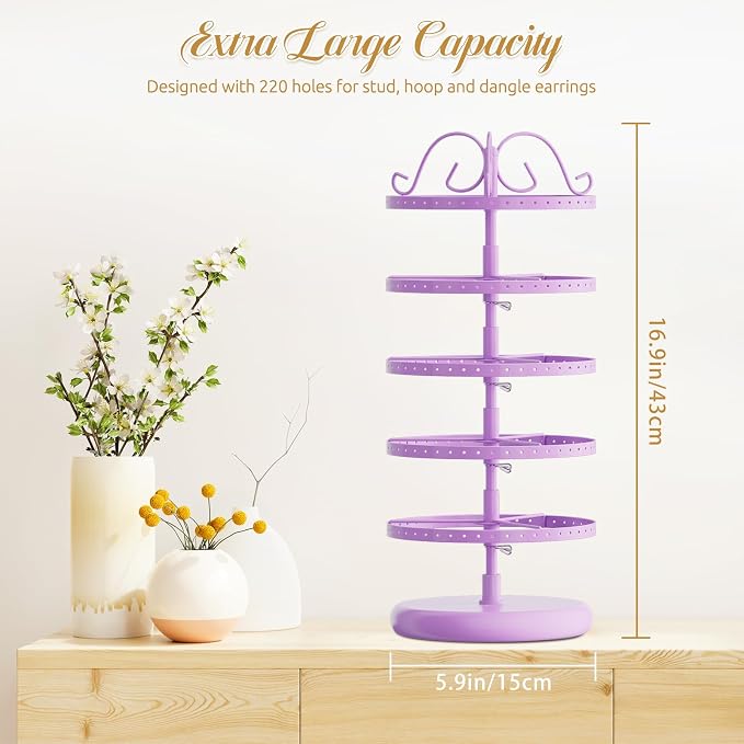 MODOWEY Rotating Earring Holder Organizer Stand, 5 Tiers Metal Tree, - Image 3