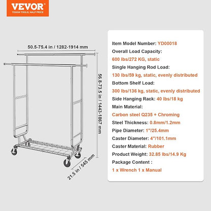 VEVOR Clothes Rack, Rolling Clothing Garment Rack, Extendable Carbon Steel - Image 7
