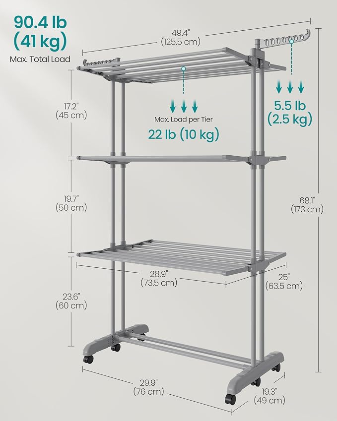 SONGMICS Clothes Drying Rack 4-Tier, Foldable Laundry Drying Rack 68.1-Inch Tall - Image 8