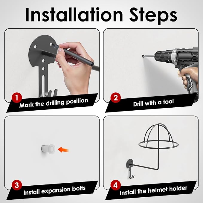 Helmet Holder Wall Mount, 4 Pack Metal Motorcycle Helmet Holder - Image 6