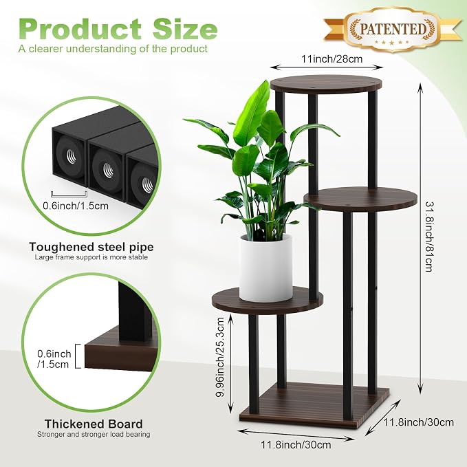 4 Tier Wood Tall Plant Stand Metal Rack Indoor, Round Planter Shelf Display - Image 2