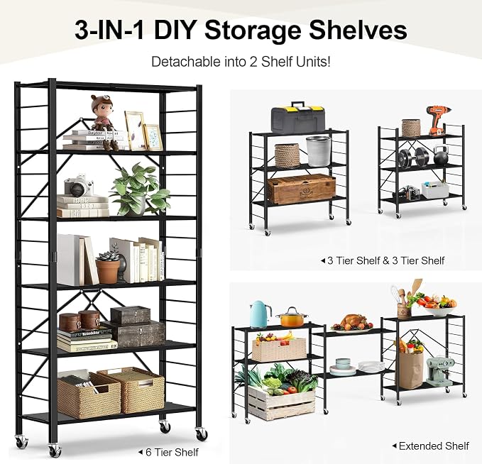 Himix 6 Tier Foldable Storage Shelves, Expandable Folding Bookshelf - Image 3