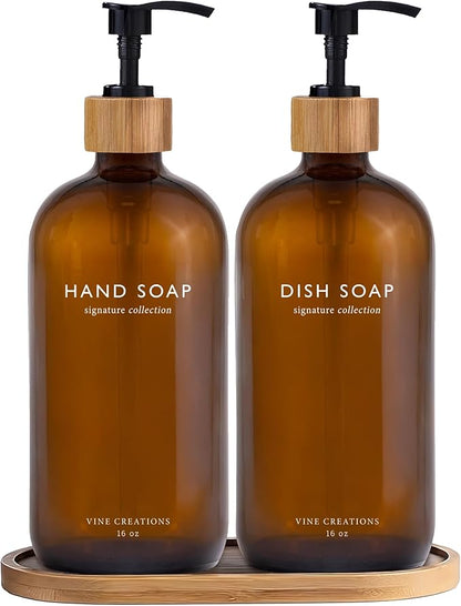 Vine Creations Amber Glass Soap Dispenser Set, Hand Soap and Dish Soap by VineCreations