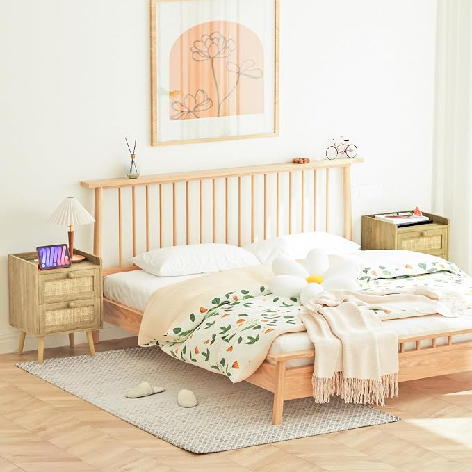 Rattan Nightstand with Charging Station Set of 2, Mid Century Modern Bedside - Image 2