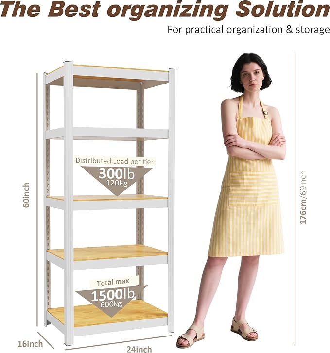 5 Tier Storage Shelves White Metal Garage Shelving 24"W x 16"D x 60"H | Heavy - Image 2