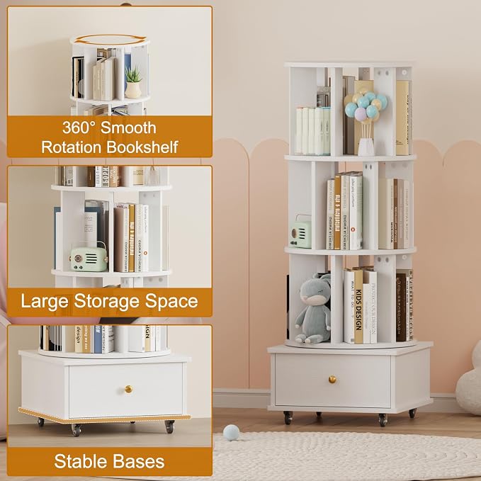 Rotating Bookshelf with Drawers on Lockable Wheels Wood White | 4 Tier Spinning - Image 5