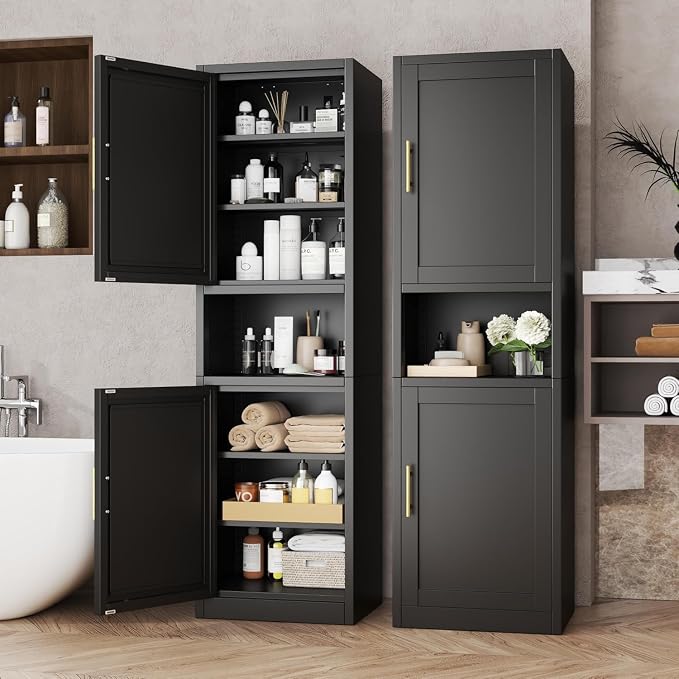 Tall Metal Narrow Bathroom Storage Cabinet 67" H, Tall Black Pantry Cabinets by BAOLIWO