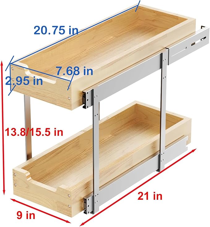 Wood Pull Out Cabinet Organizer 2 Tie 9" W x 21" D, Heavy-Duty Sliding Drawers - Image 2