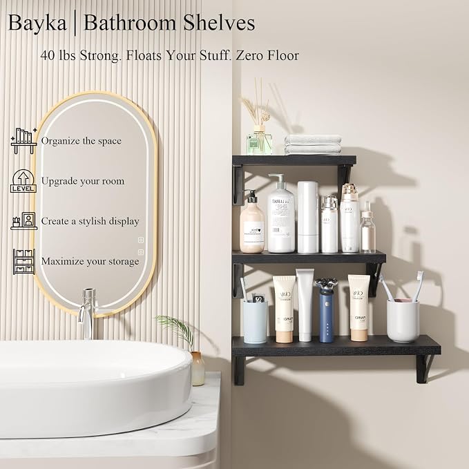 BAYKA Wall Mounted Floating Bathroom Shelves, Wood Wall Shelf - Image 2