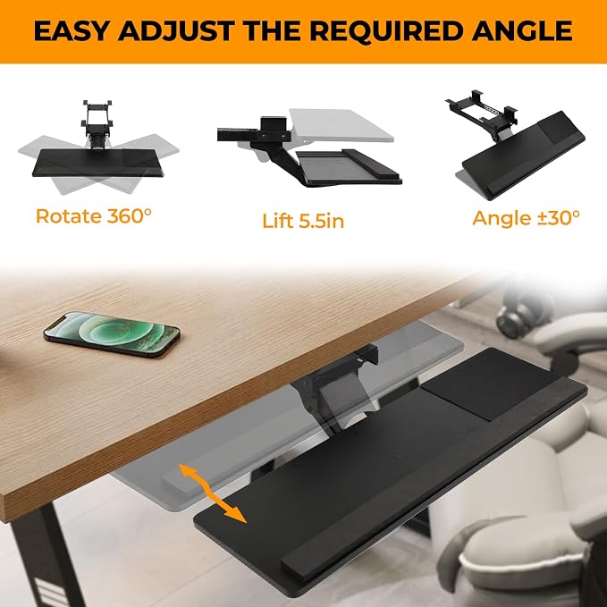 Keyboard Tray - Under Desk Keyboard Tray， 360° Adjustable Slide Out Keyboard - Image 3