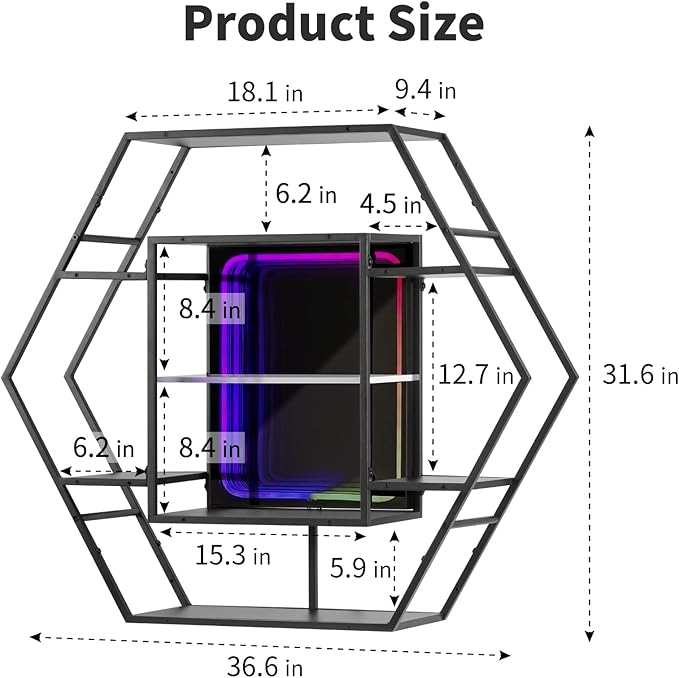 Infinity Mirror Gaming RGB Hexagon LED Floating Shelf, 36.6" | RGB - Image 2
