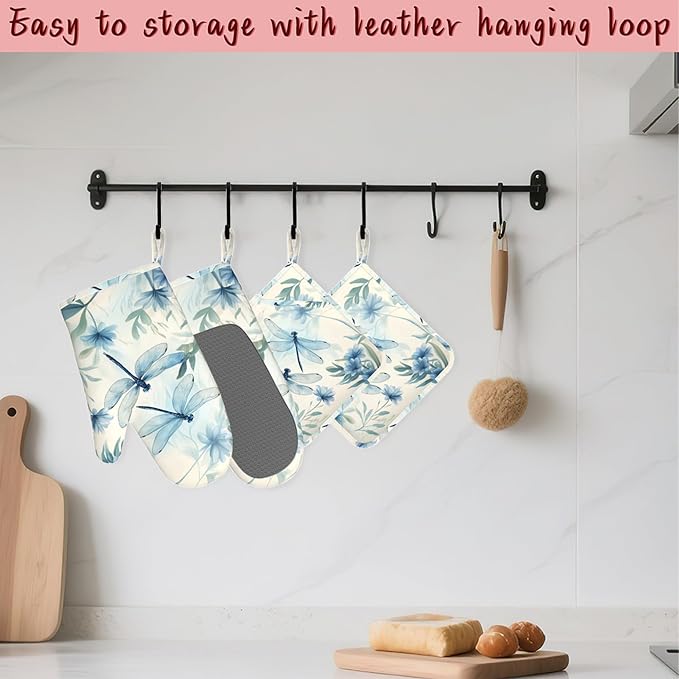 Vintage Dragonfly Silicone Oven Mitts and Pot Holders, Flower Plant - Image 5