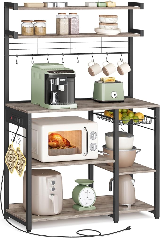 VASAGLE Bakers Rack with Power Outlet, 35.4 Inches Microwave Stand, Coffee Bar by VASAGLEbySONGMICSHOME
