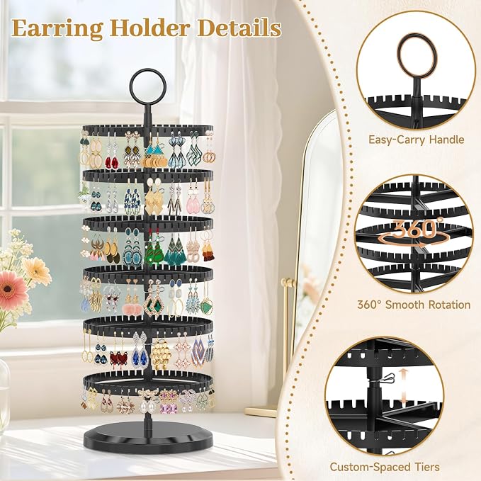 MODOWEY Rotating Earring Holder Organizer Adjustable Display, 6 Tiers Black | - Image 4
