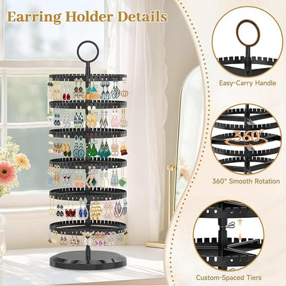 MODOWEY Rotating Earring Holder Organizer Adjustable Display, 6 Tiers Black | - Image 4
