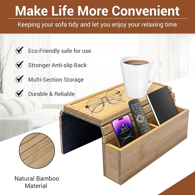 Couch Arm Tray - Bamboo Couch Table Armrest - Anti-Slip Multifunctional Sofa - Image 4