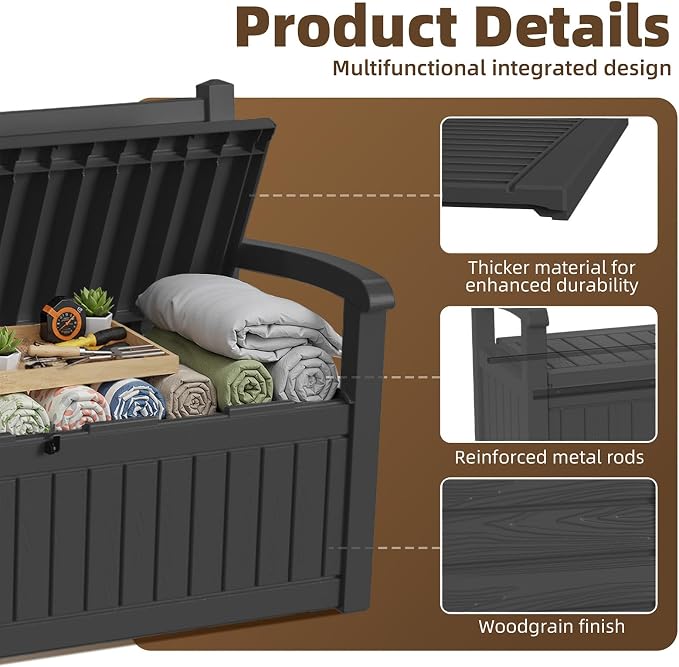 EasyUp 100 Gallon Wood Grain Style Outdoor Storage Bench, Waterproof and - Image 6