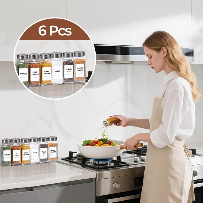ComSaf Glass Spice Jars with Shaker Lids 8 oz 6 Pack Square | Labels, Seasoning - Image 7