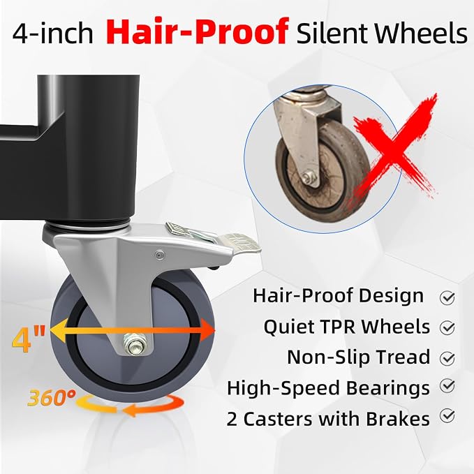 3 Tier Rolling Cart with Hair-Proof Wheels, Plastic Utility Service Cart - Image 3