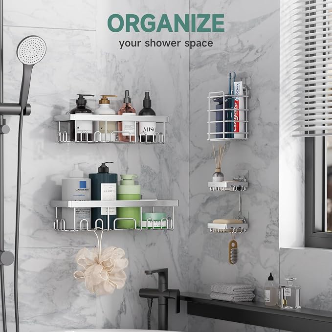 Veken Adhesive Shower Caddy 5-Pack, Heavy Weight Bearing, Large Wall Mounted - Image 4