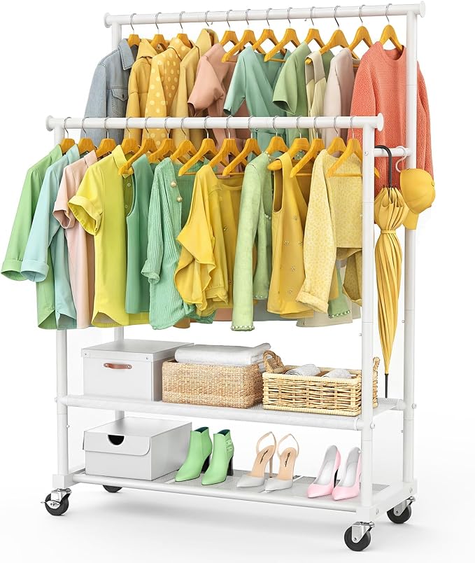 Double Rods Clothes Rack for Hanging Clothes, Heavy Duty Rolling Clothing Rack by StrongShelfSmarterStorage
