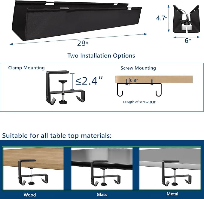 No Drill Under Desk Cable Management Tray, Clamp/Screw Mount Desk Cable - Image 2